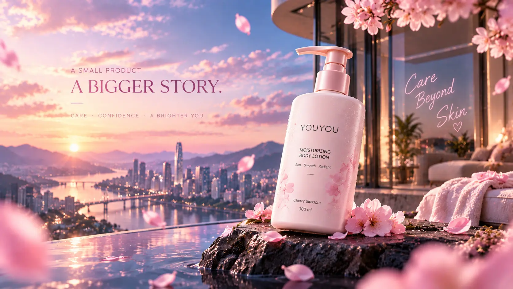 YOUYOU moisturizing body lotion against a cherry-blossom city skyline